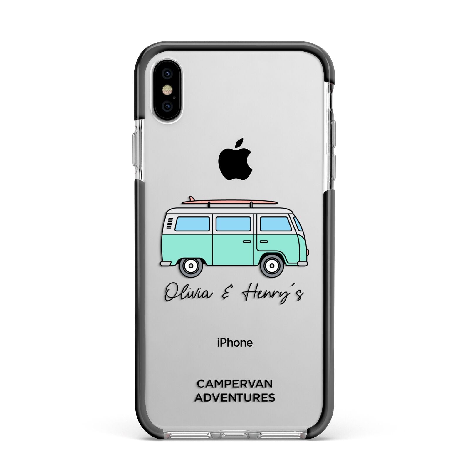 Blue Personalised Campervan Adventures Apple iPhone Xs Max Impact Case Black Edge on Silver Phone