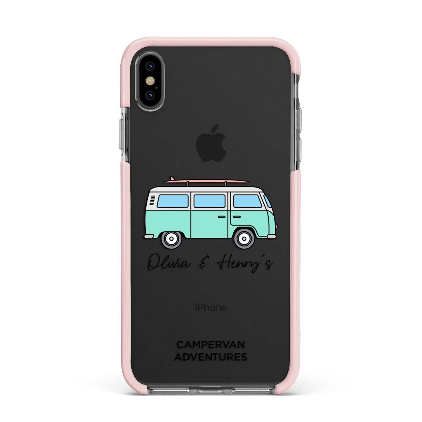 Blue Personalised Campervan Adventures Apple iPhone Xs Max Impact Case Pink Edge on Black Phone