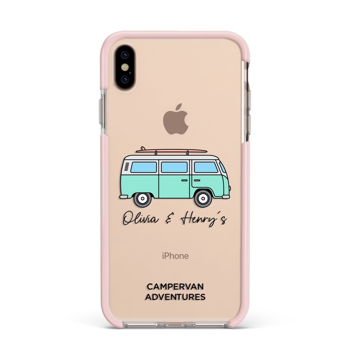 Blue Personalised Campervan Adventures Apple iPhone Xs Max Impact Case Pink Edge on Gold Phone