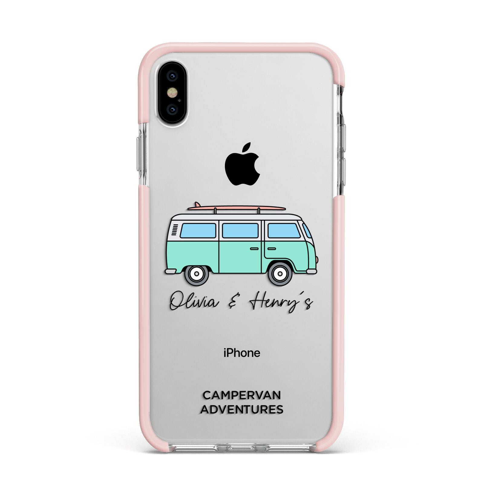 Blue Personalised Campervan Adventures Apple iPhone Xs Max Impact Case Pink Edge on Silver Phone