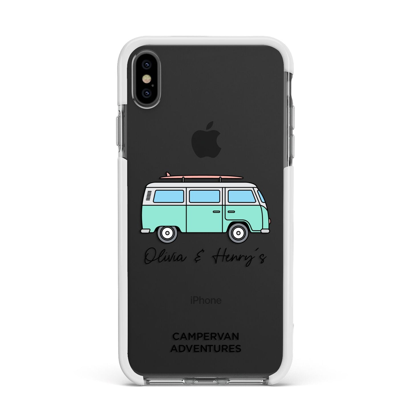 Blue Personalised Campervan Adventures Apple iPhone Xs Max Impact Case White Edge on Black Phone