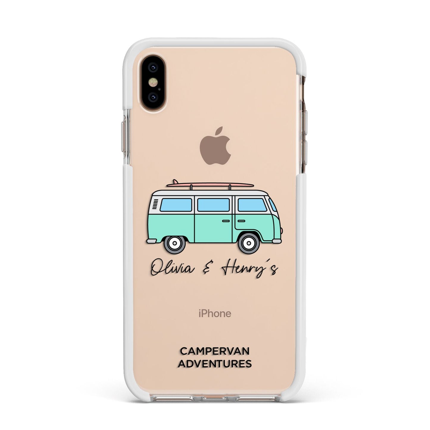 Blue Personalised Campervan Adventures Apple iPhone Xs Max Impact Case White Edge on Gold Phone