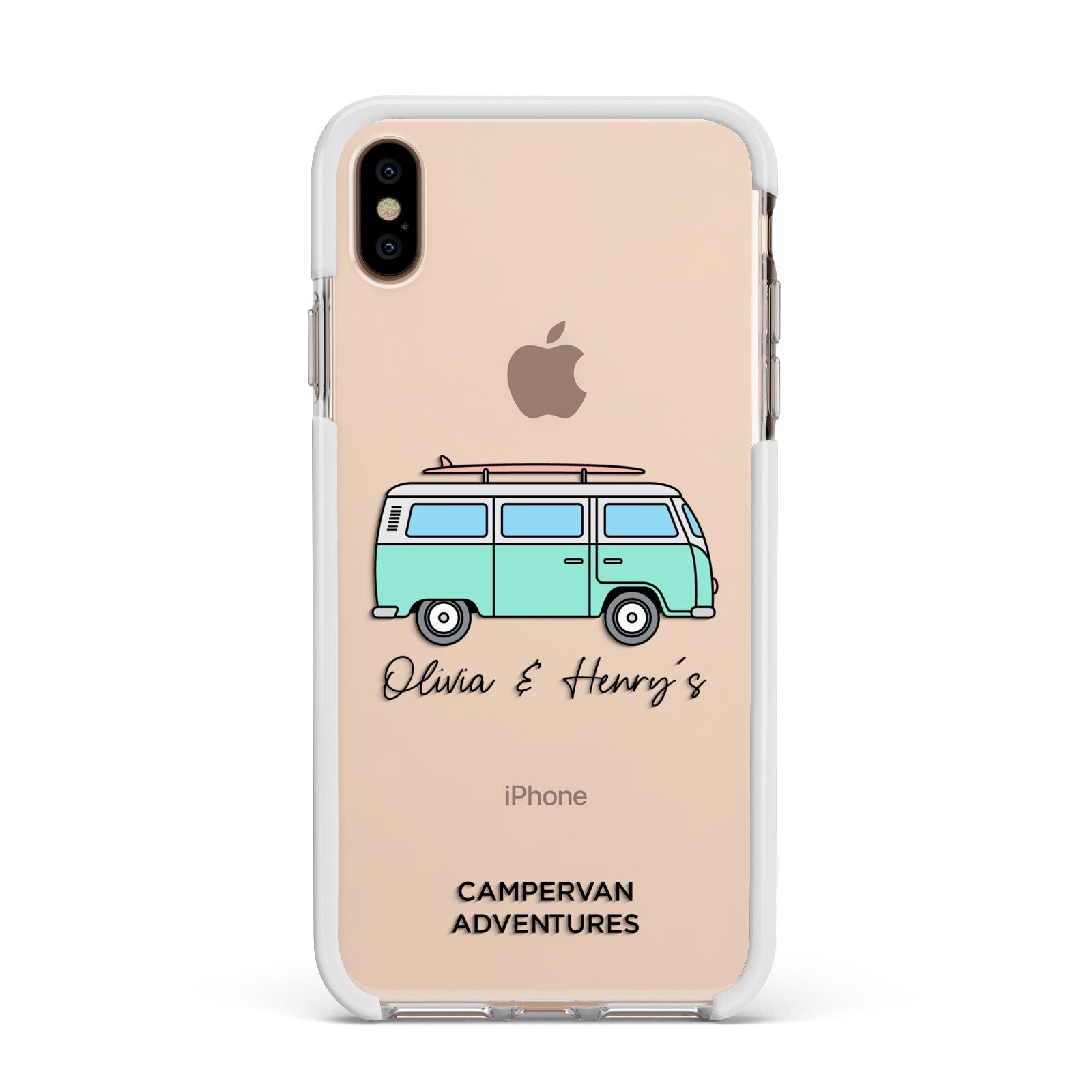 Blue Personalised Campervan Adventures Apple iPhone Xs Max Impact Case White Edge on Gold Phone