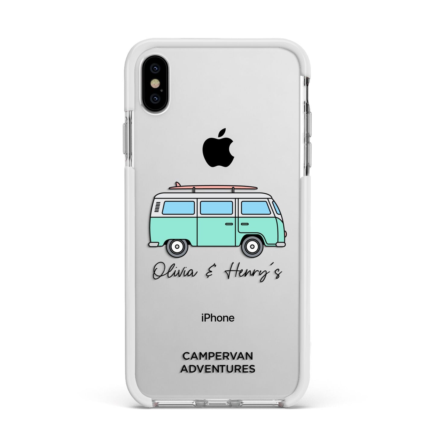 Blue Personalised Campervan Adventures Apple iPhone Xs Max Impact Case White Edge on Silver Phone