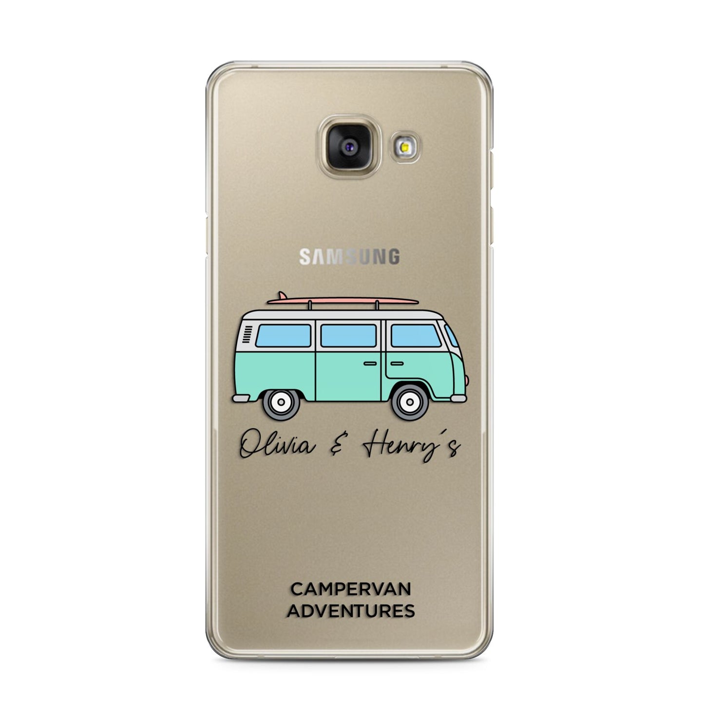 Blue Personalised Campervan Adventures Samsung Galaxy A3 2016 Case on gold phone