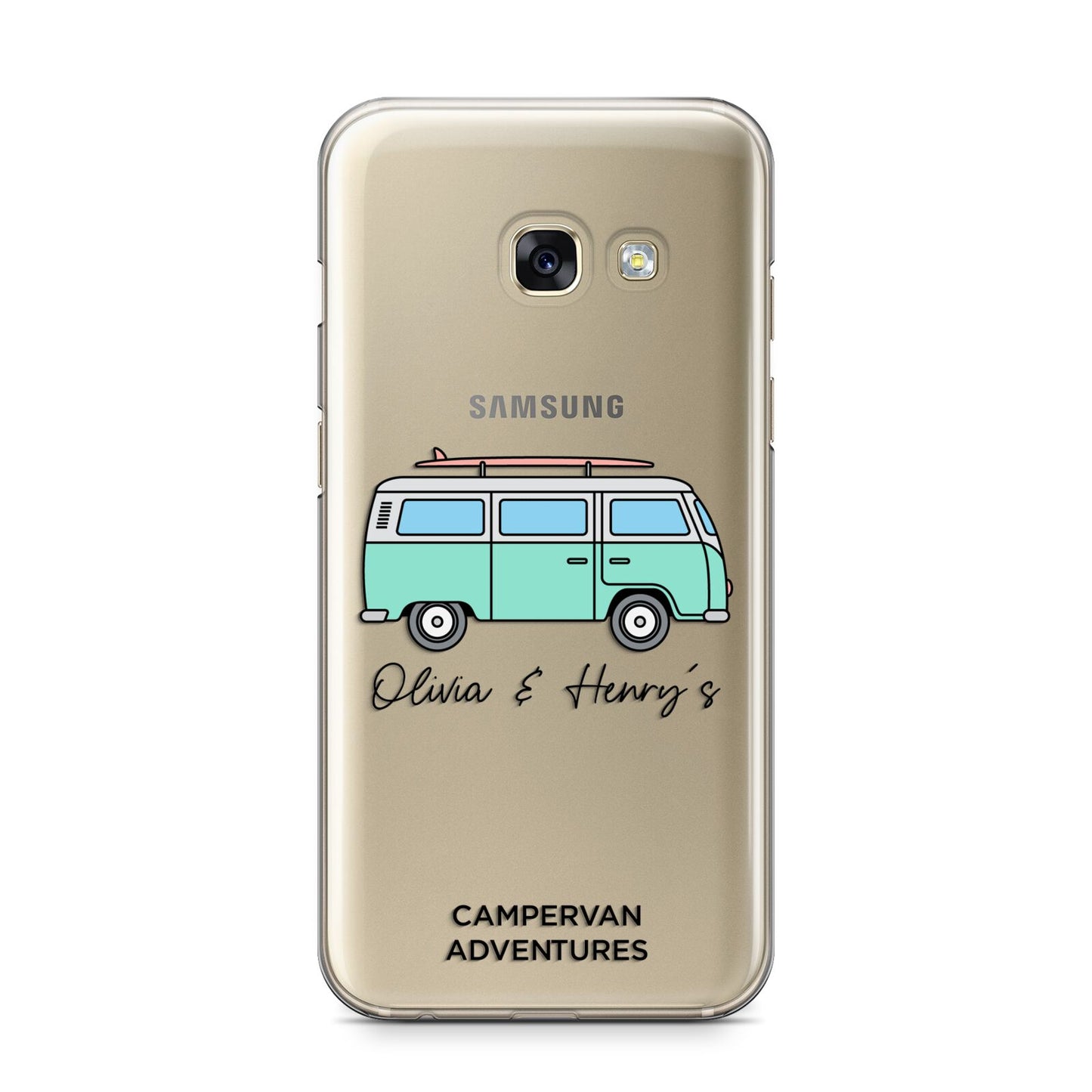 Blue Personalised Campervan Adventures Samsung Galaxy A3 2017 Case on gold phone