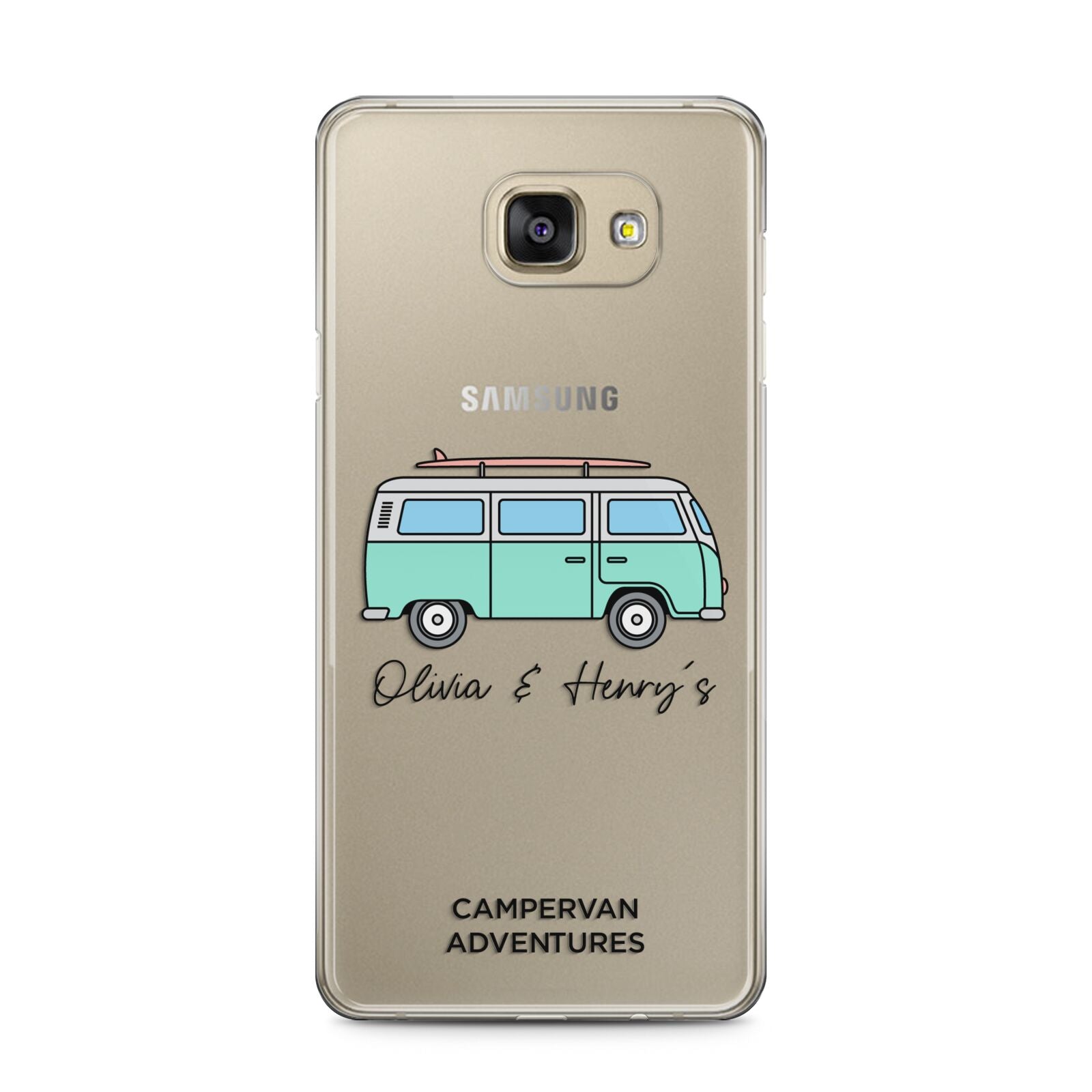 Blue Personalised Campervan Adventures Samsung Galaxy A5 2016 Case on gold phone