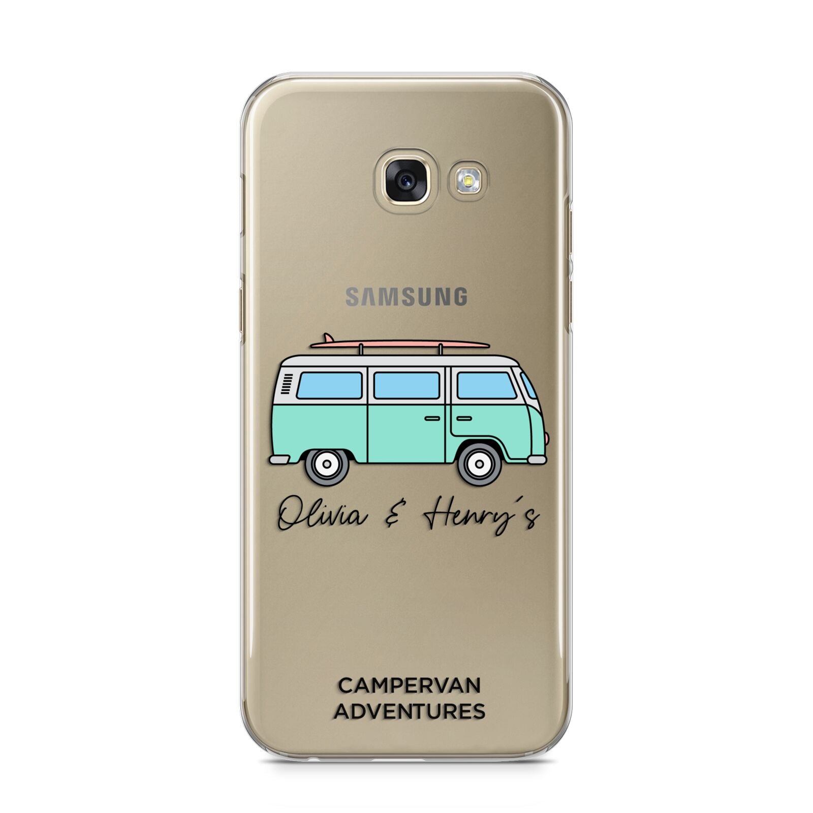 Blue Personalised Campervan Adventures Samsung Galaxy A5 2017 Case on gold phone