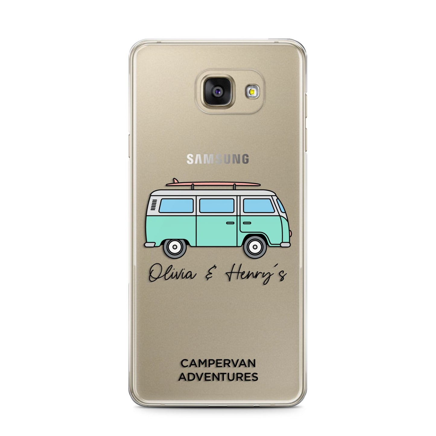 Blue Personalised Campervan Adventures Samsung Galaxy A7 2016 Case on gold phone