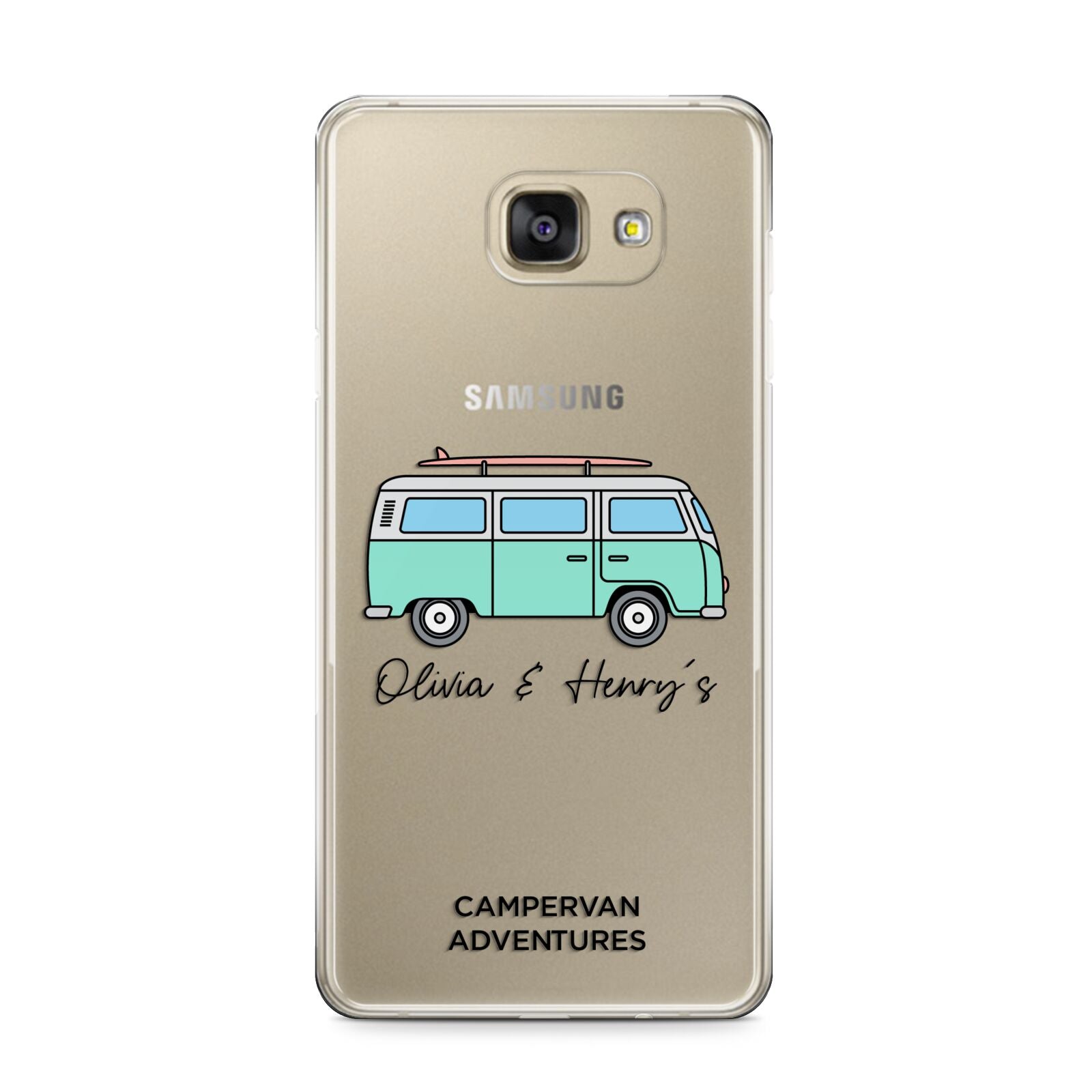 Blue Personalised Campervan Adventures Samsung Galaxy A9 2016 Case on gold phone