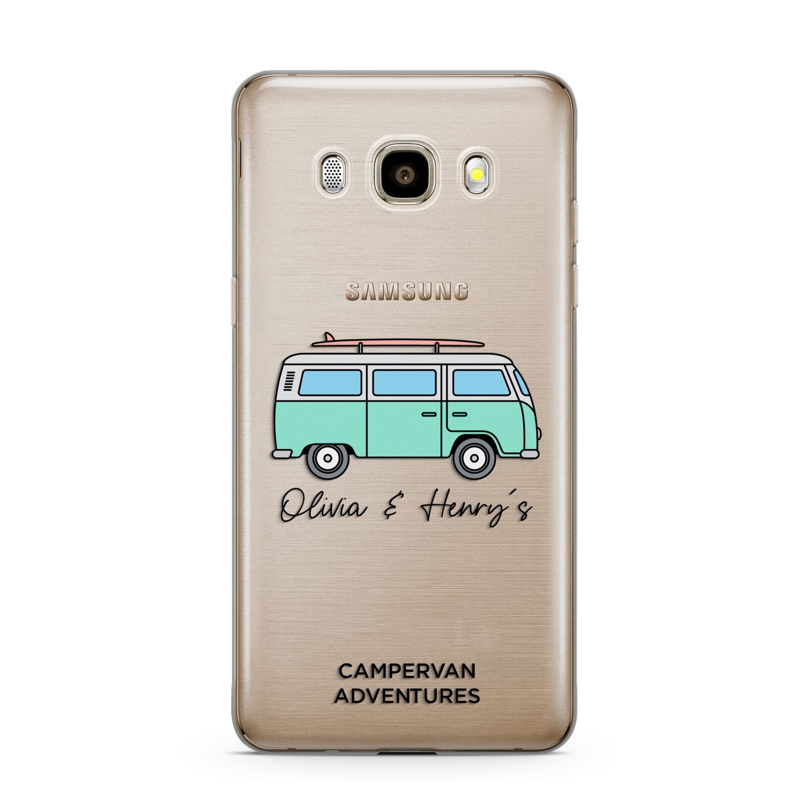 Blue Personalised Campervan Adventures Samsung Galaxy J7 2016 Case on gold phone