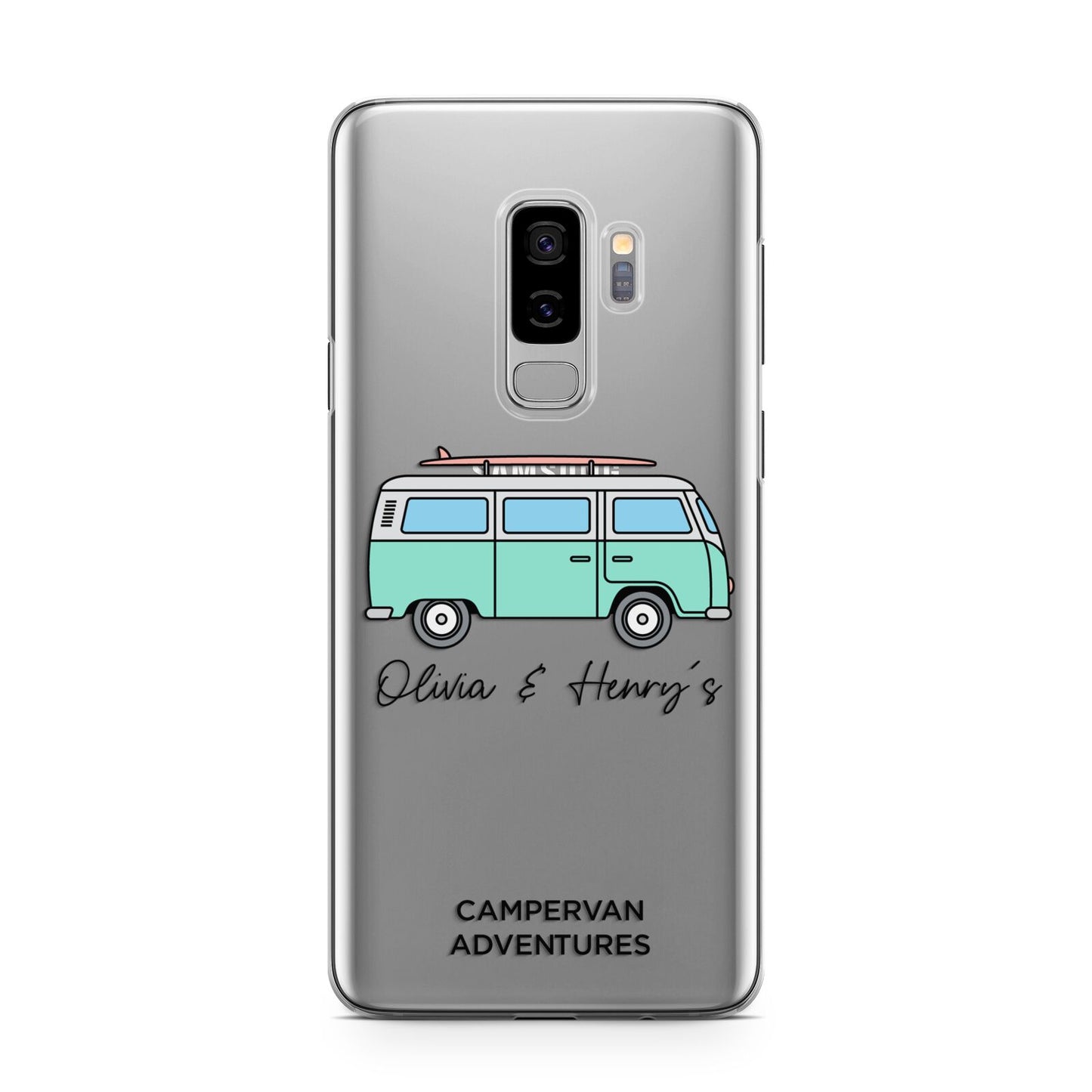 Blue Personalised Campervan Adventures Samsung Galaxy S9 Plus Case on Silver phone