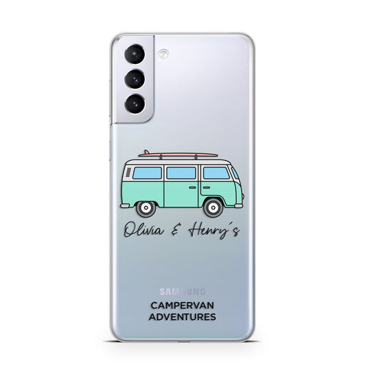 Blue Personalised Campervan Adventures Samsung S21 Plus Phone Case