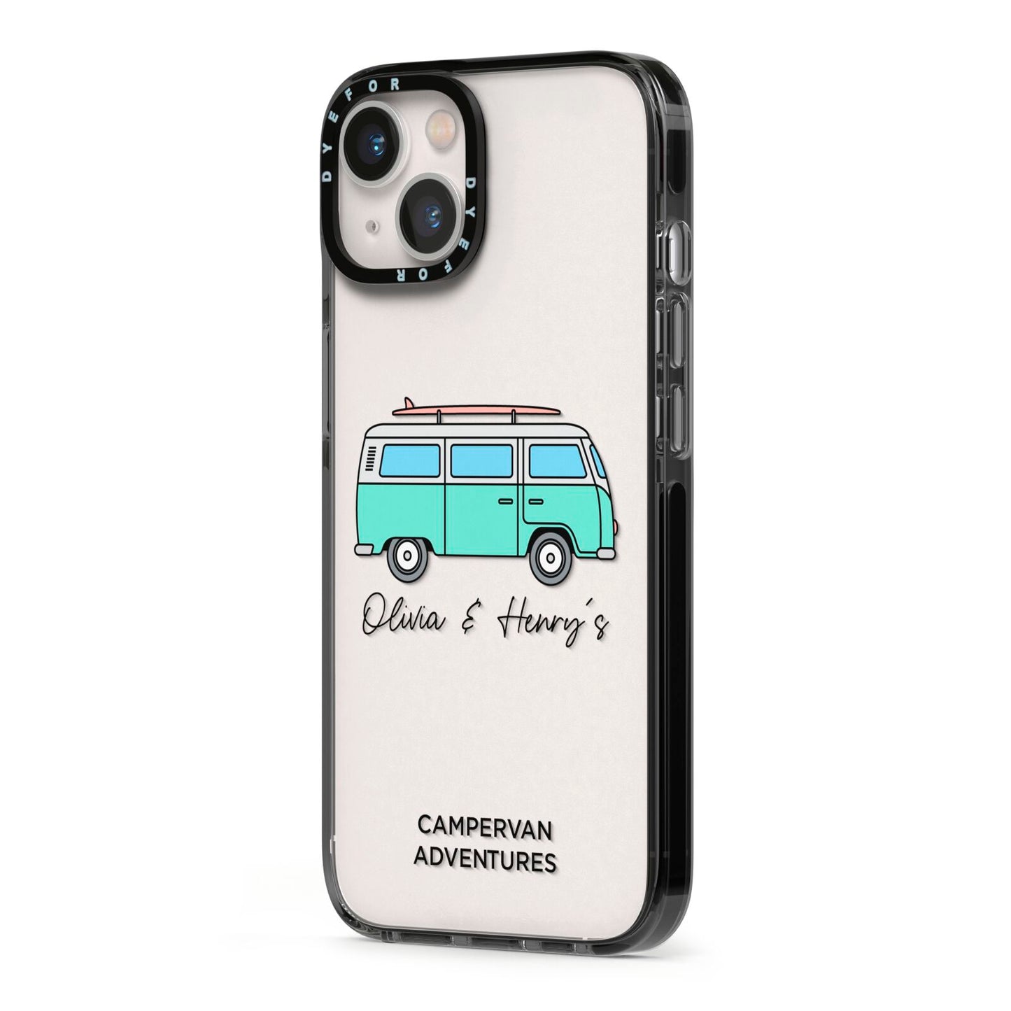 Blue Personalised Campervan Adventures iPhone 13 Black Impact Case Side Angle on Silver phone