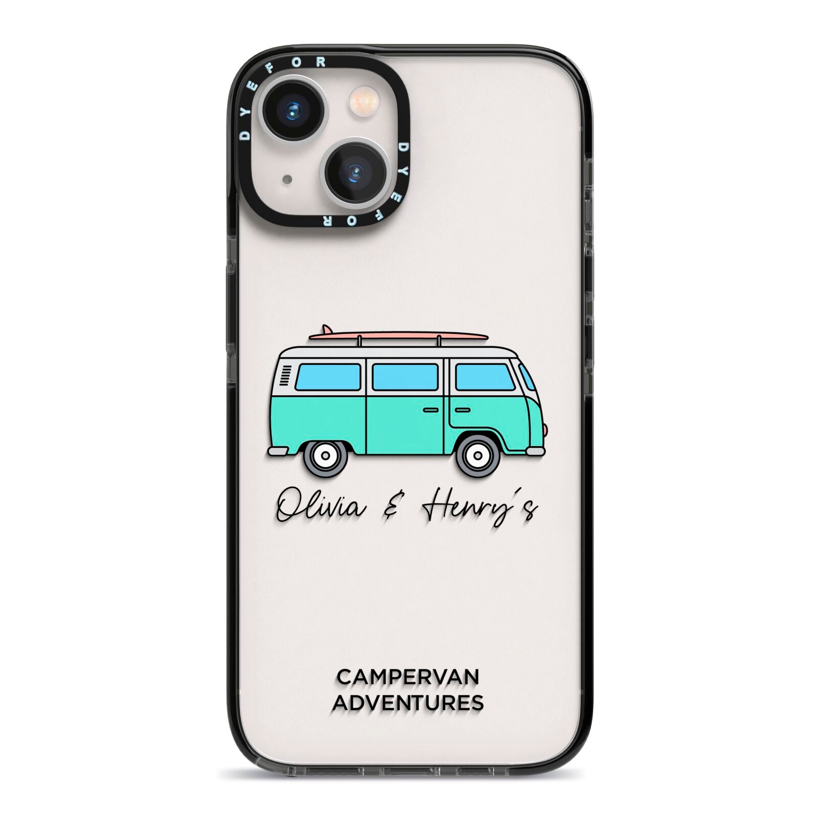 Blue Personalised Campervan Adventures iPhone 13 Black Impact Case on Silver phone