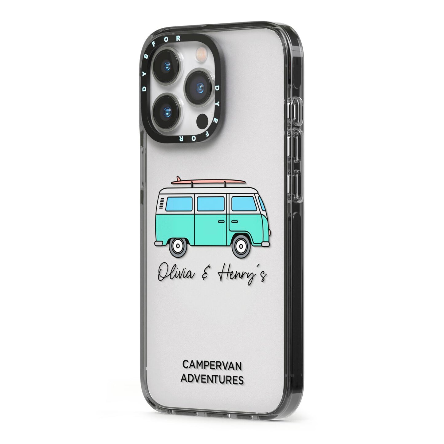 Blue Personalised Campervan Adventures iPhone 13 Pro Black Impact Case Side Angle on Silver phone