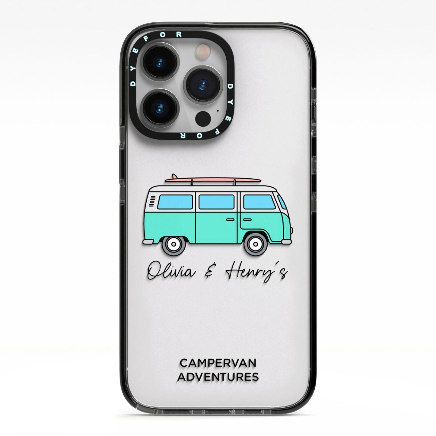 Blue Personalised Campervan Adventures iPhone 13 Pro Black Impact Case on Silver phone