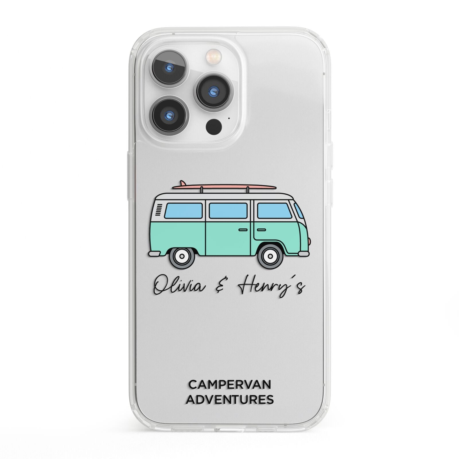 Blue Personalised Campervan Adventures iPhone 13 Pro Clear Bumper Case