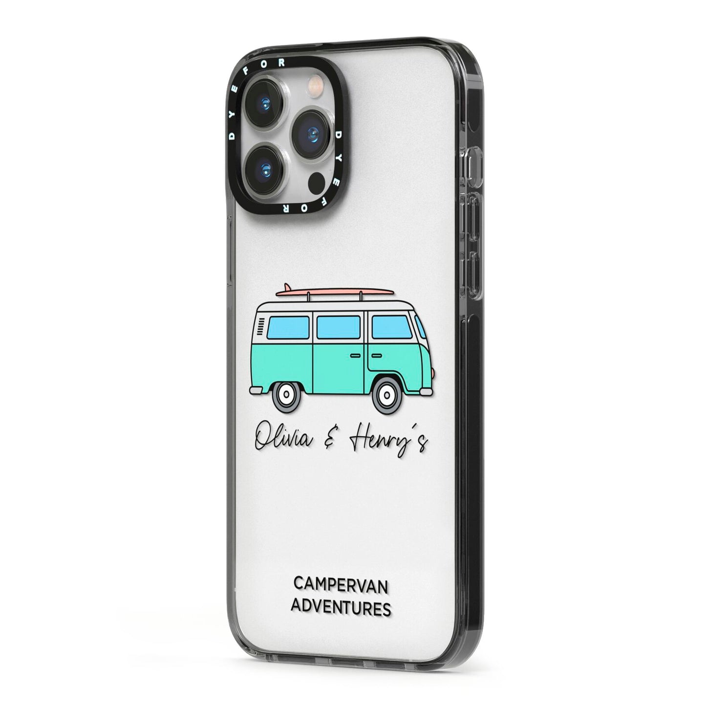 Blue Personalised Campervan Adventures iPhone 13 Pro Max Black Impact Case Side Angle on Silver phone