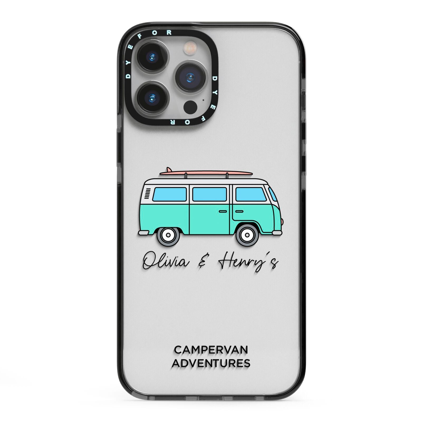 Blue Personalised Campervan Adventures iPhone 13 Pro Max Black Impact Case on Silver phone