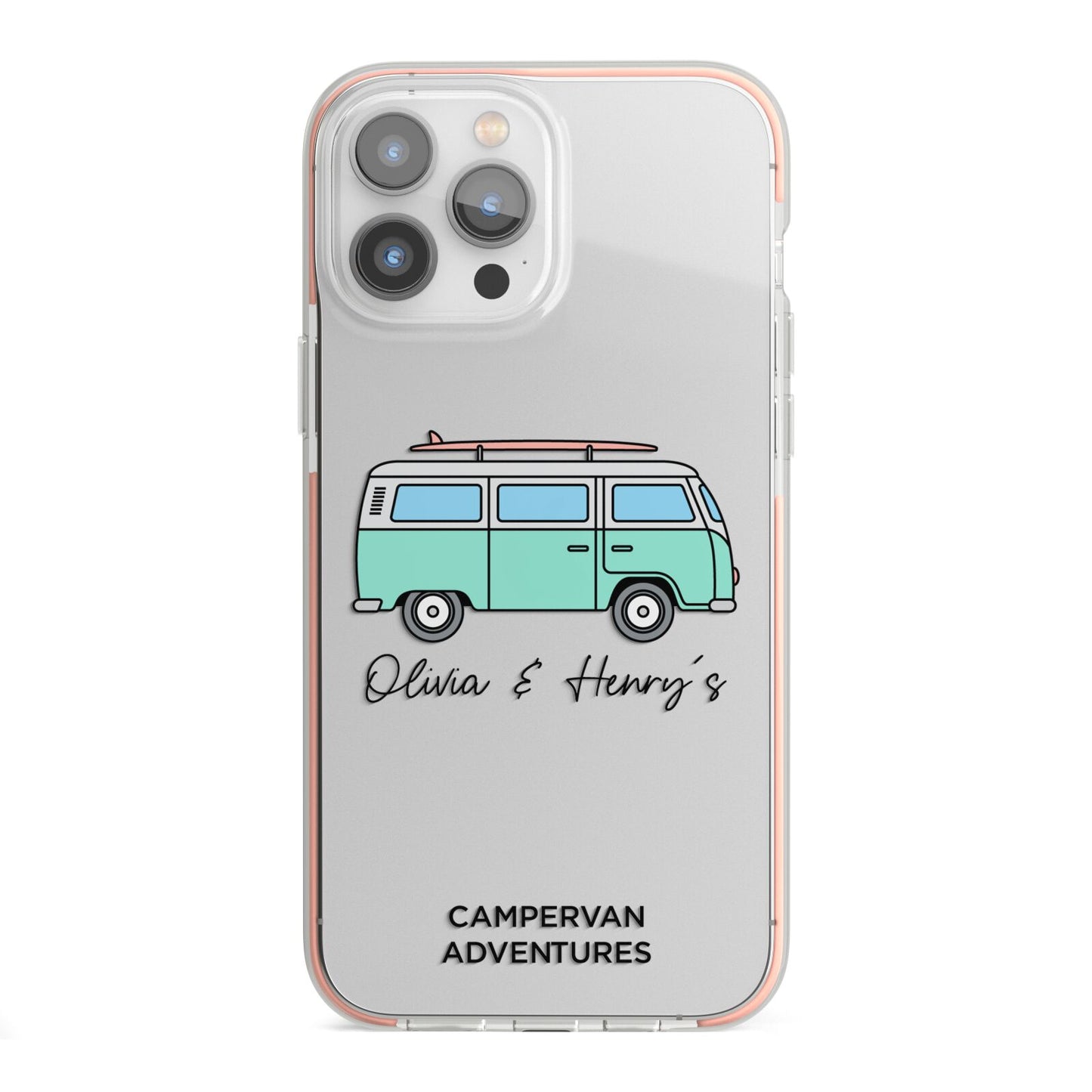 Blue Personalised Campervan Adventures iPhone 13 Pro Max TPU Impact Case with Pink Edges