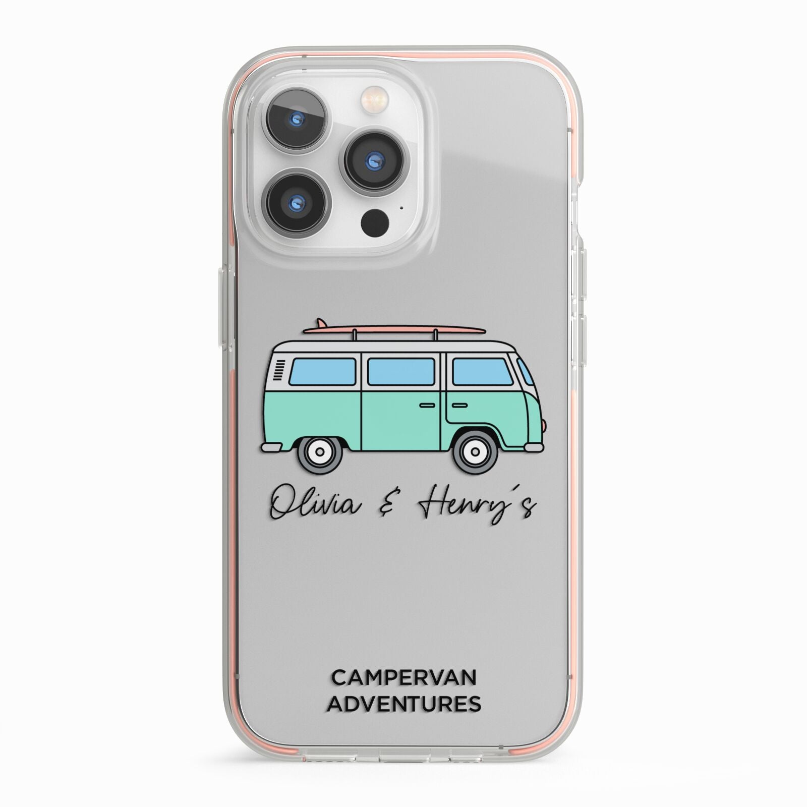 Blue Personalised Campervan Adventures iPhone 13 Pro TPU Impact Case with Pink Edges