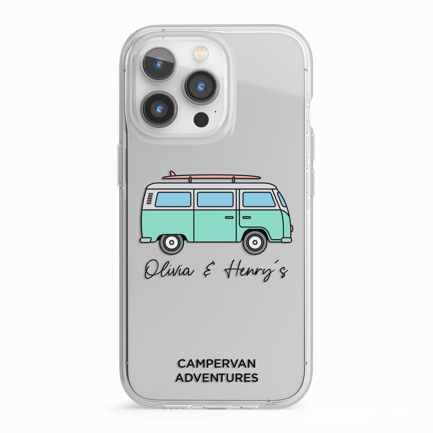 Blue Personalised Campervan Adventures iPhone 13 Pro TPU Impact Case with White Edges