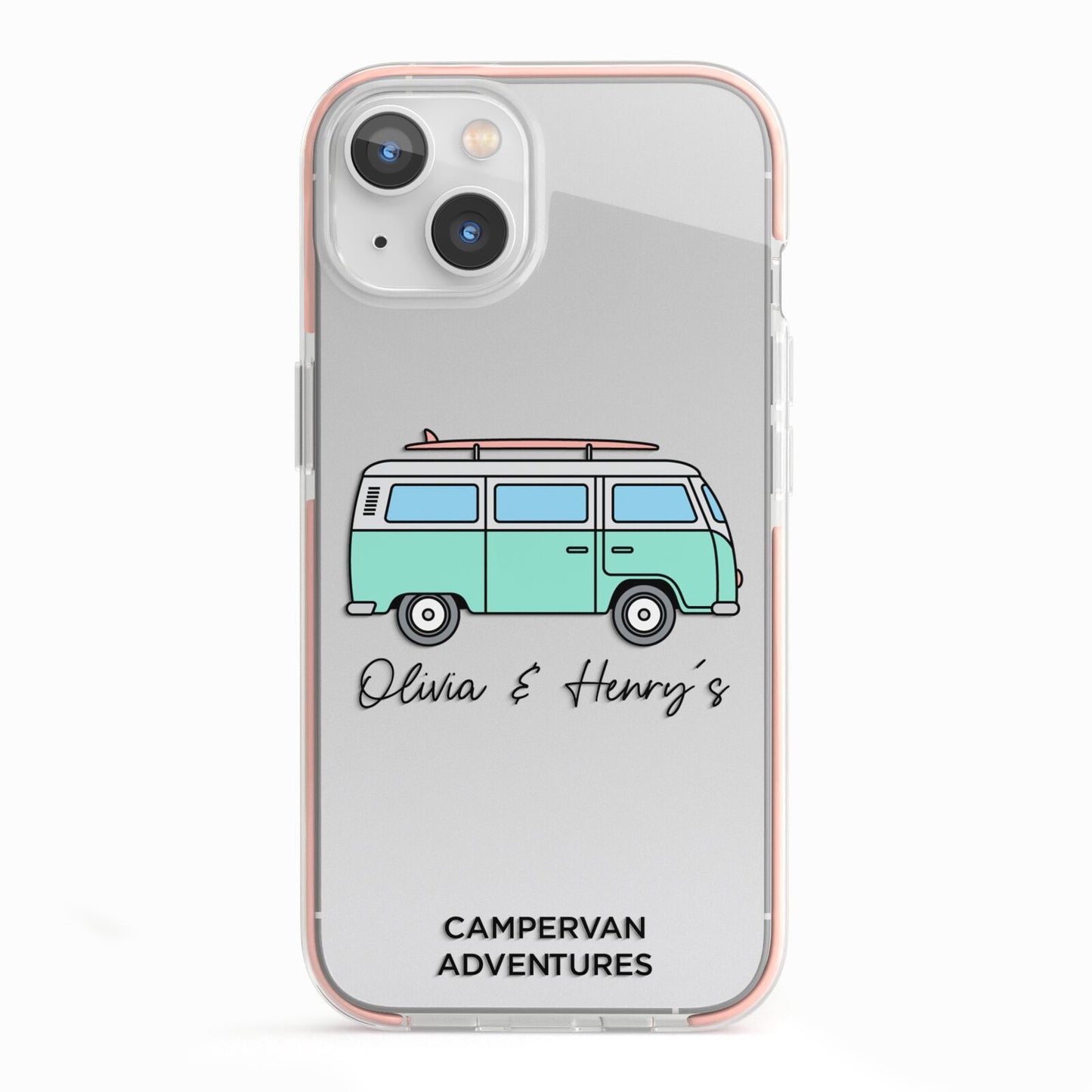 Blue Personalised Campervan Adventures iPhone 13 TPU Impact Case with Pink Edges