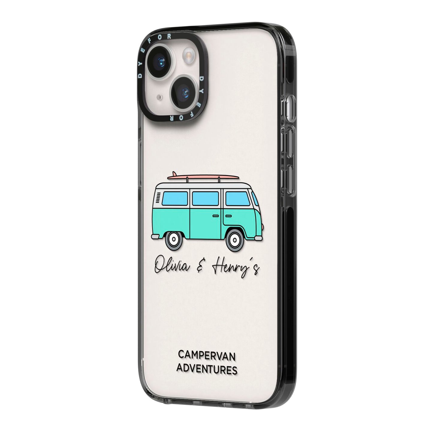 Blue Personalised Campervan Adventures iPhone 14 Black Impact Case Side Angle on Silver phone