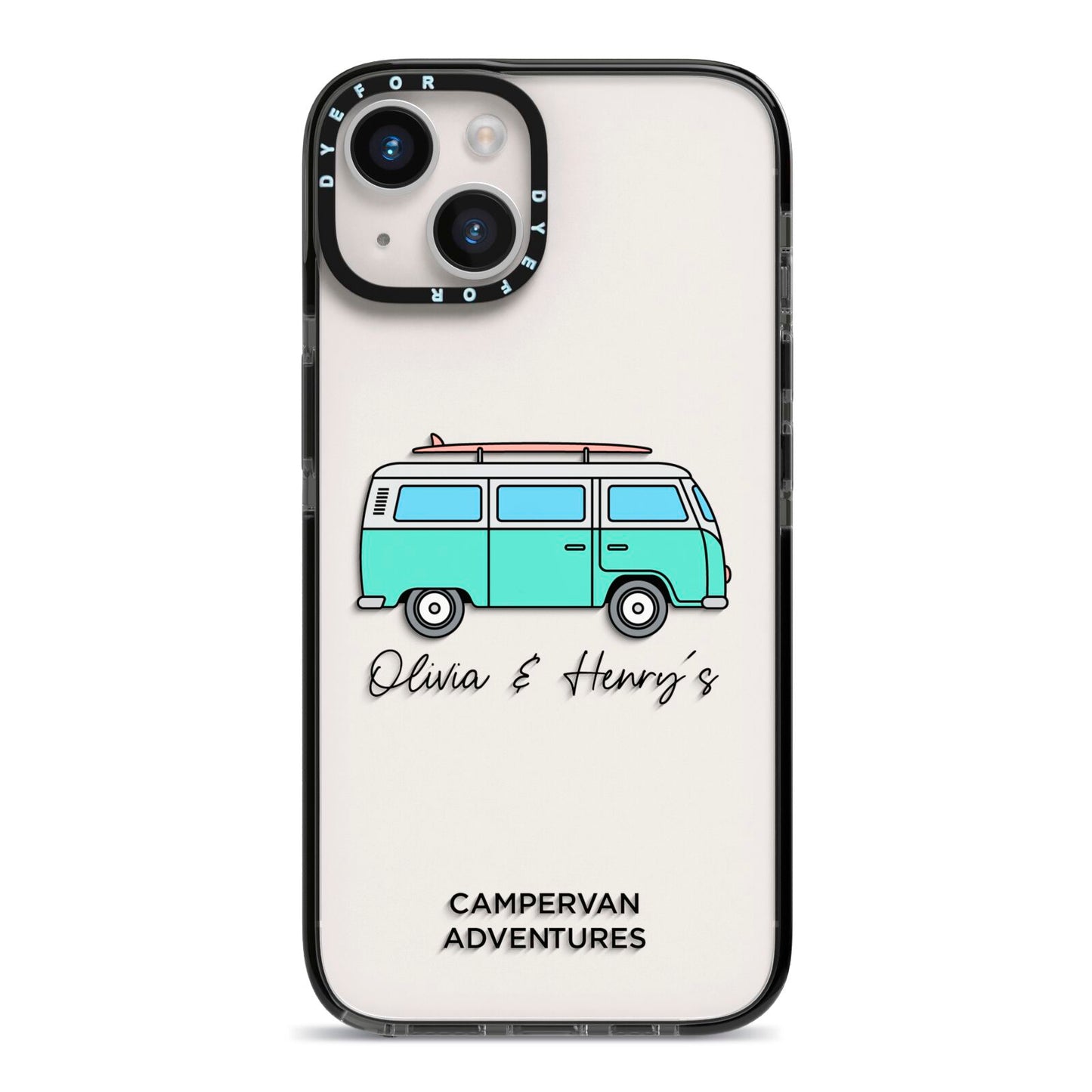 Blue Personalised Campervan Adventures iPhone 14 Black Impact Case on Silver phone