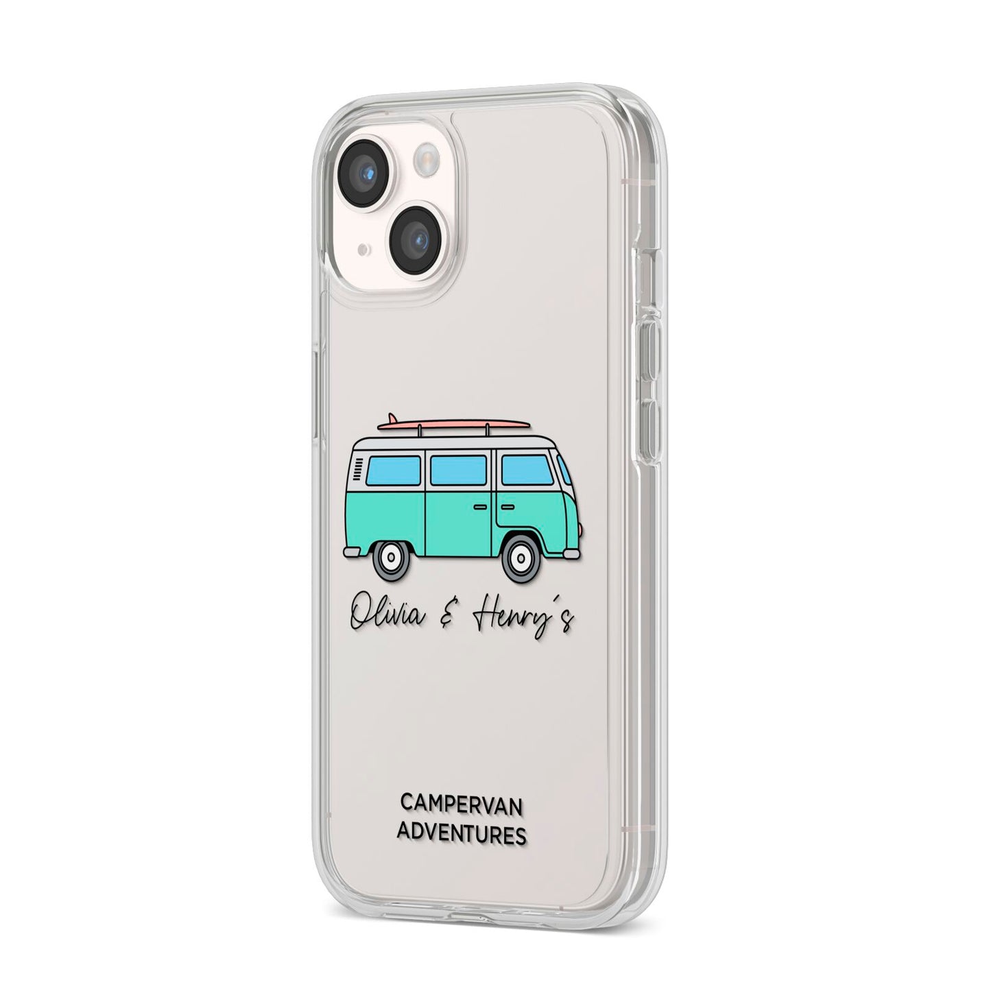 Blue Personalised Campervan Adventures iPhone 14 Clear Tough Case Starlight Angled Image