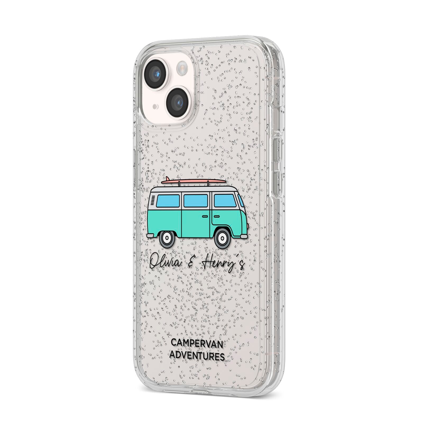 Blue Personalised Campervan Adventures iPhone 14 Glitter Tough Case Starlight Angled Image