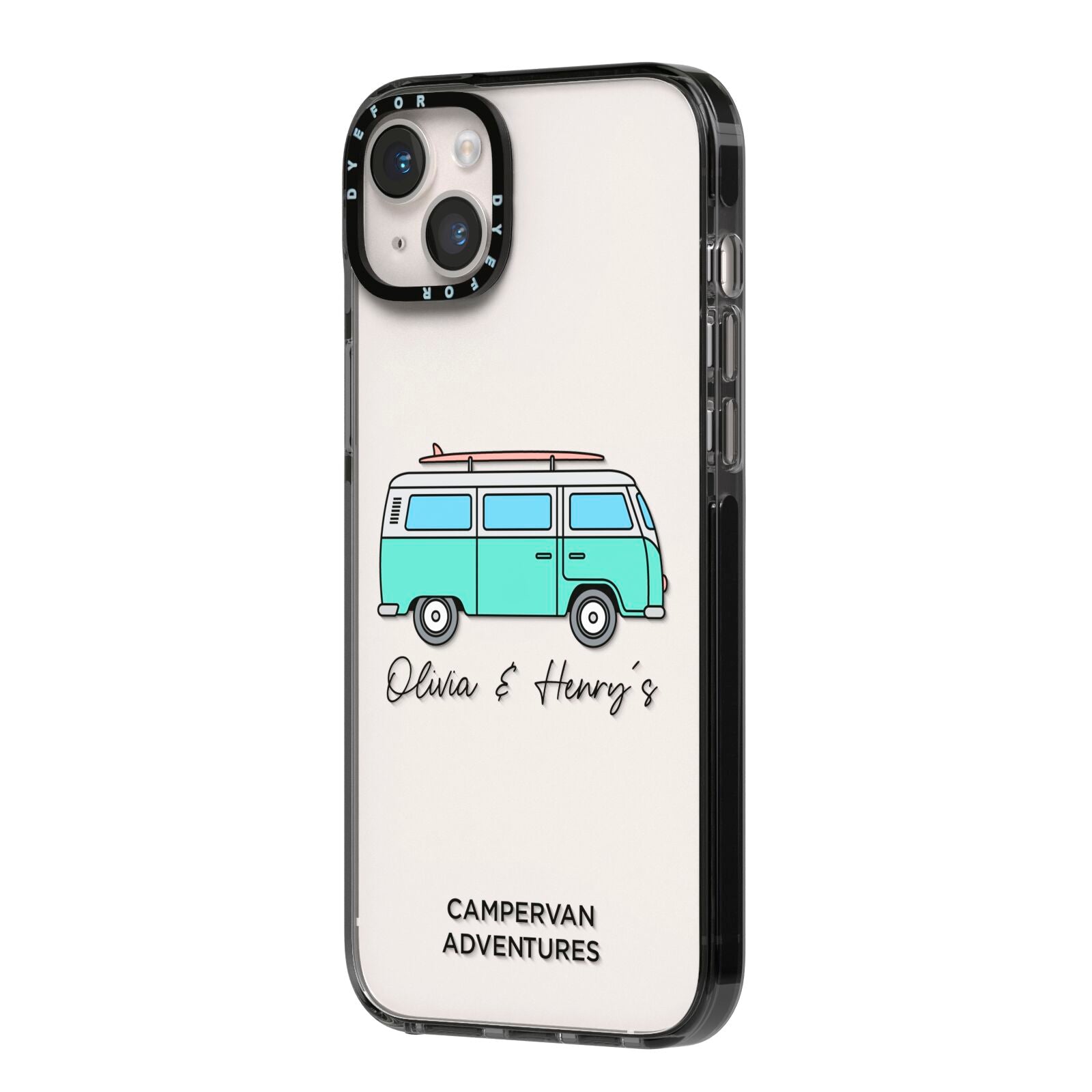 Blue Personalised Campervan Adventures iPhone 14 Plus Black Impact Case Side Angle on Silver phone