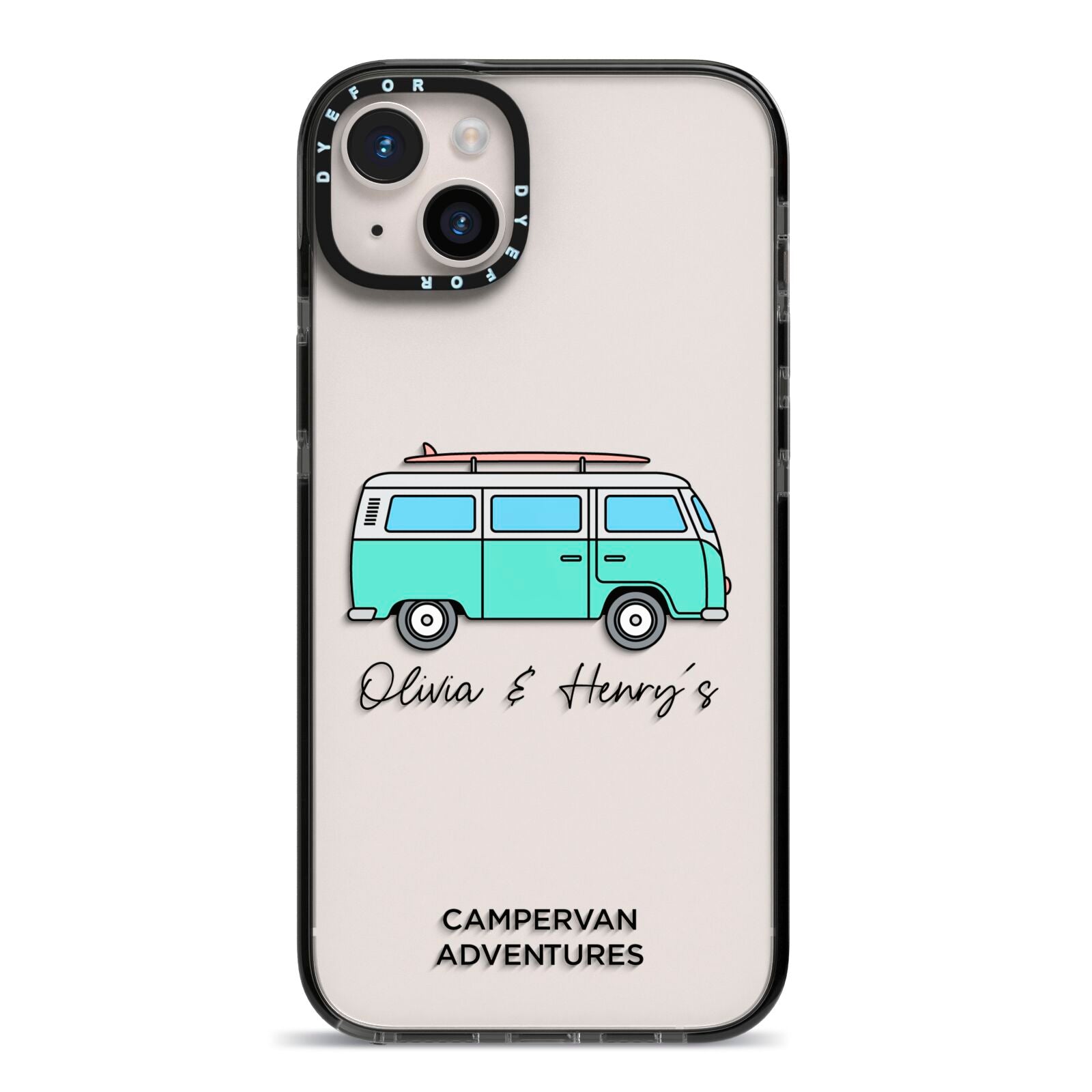 Blue Personalised Campervan Adventures iPhone 14 Plus Black Impact Case on Silver phone