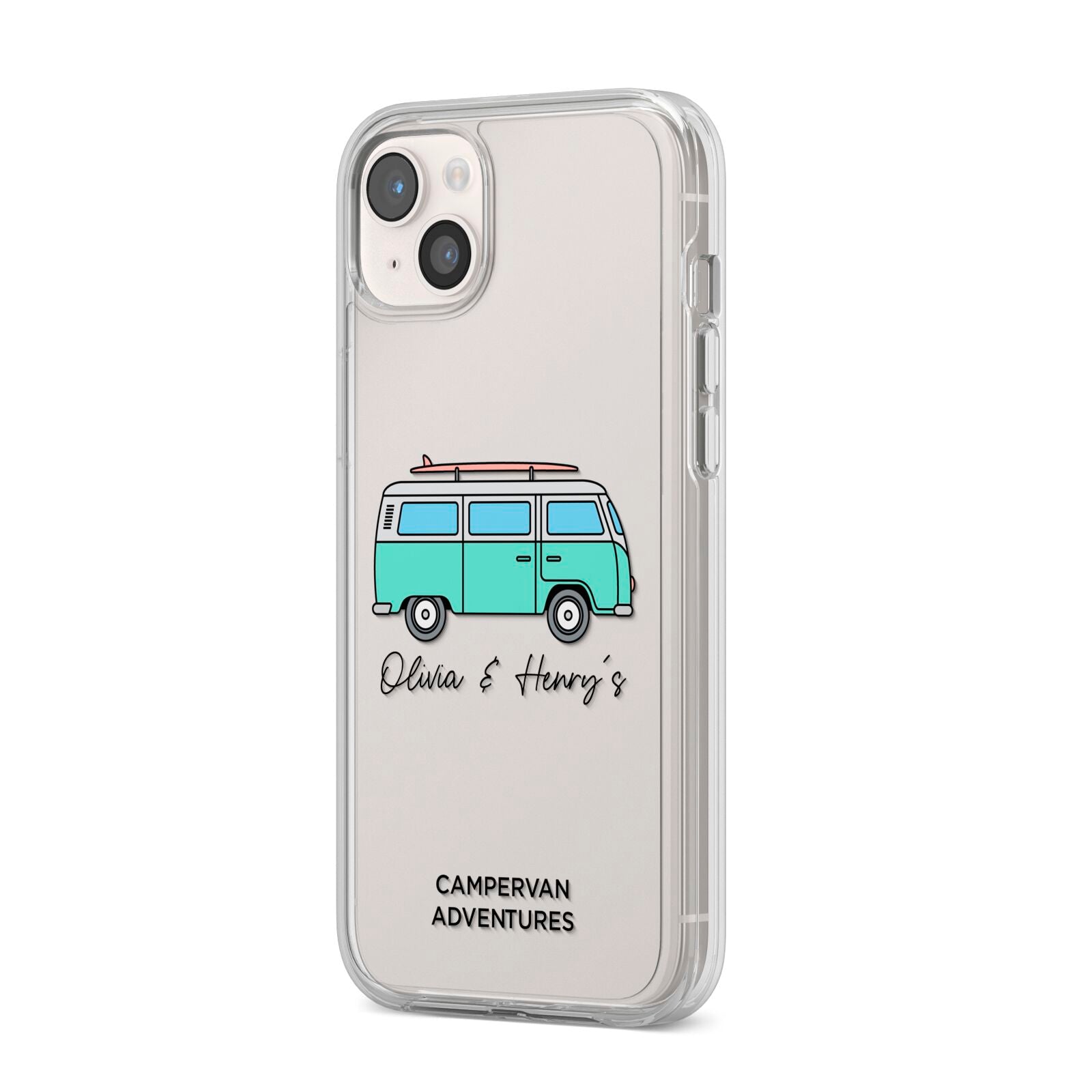 Blue Personalised Campervan Adventures iPhone 14 Plus Clear Tough Case Starlight Angled Image