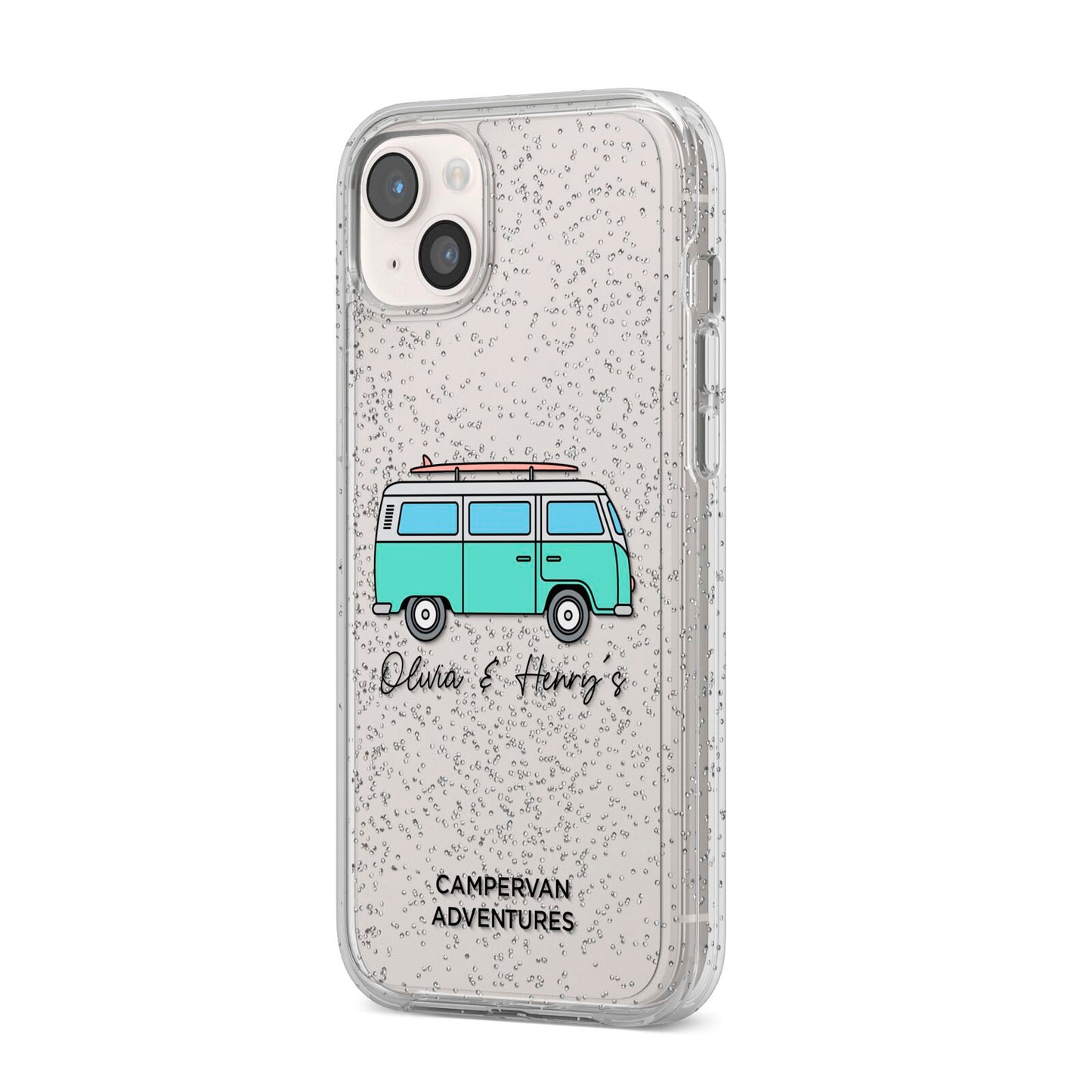 Blue Personalised Campervan Adventures iPhone 14 Plus Glitter Tough Case Starlight Angled Image