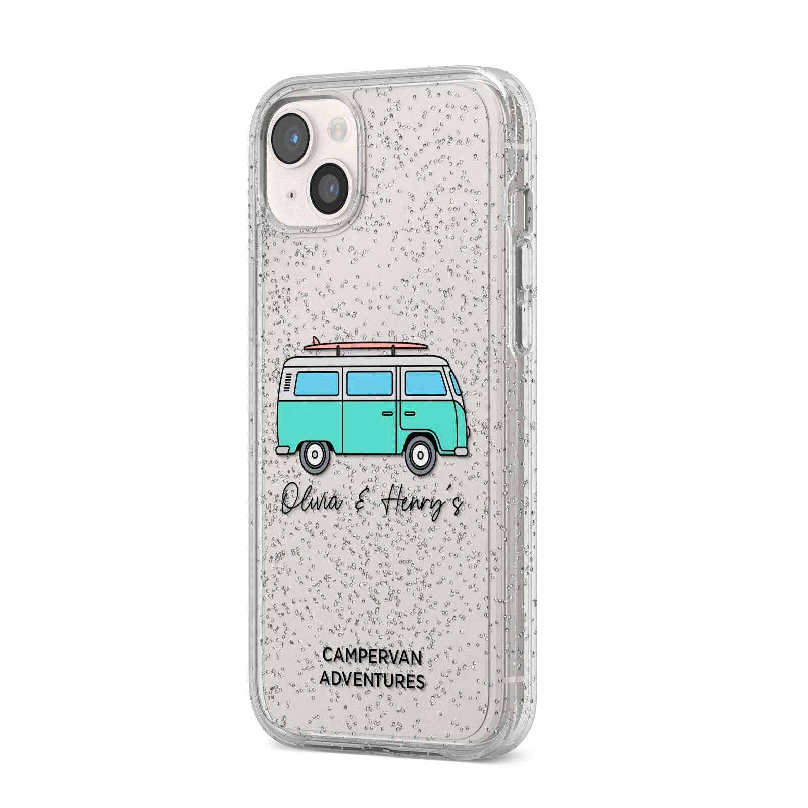 Blue Personalised Campervan Adventures iPhone 14 Plus Glitter Tough Case Starlight Angled Image