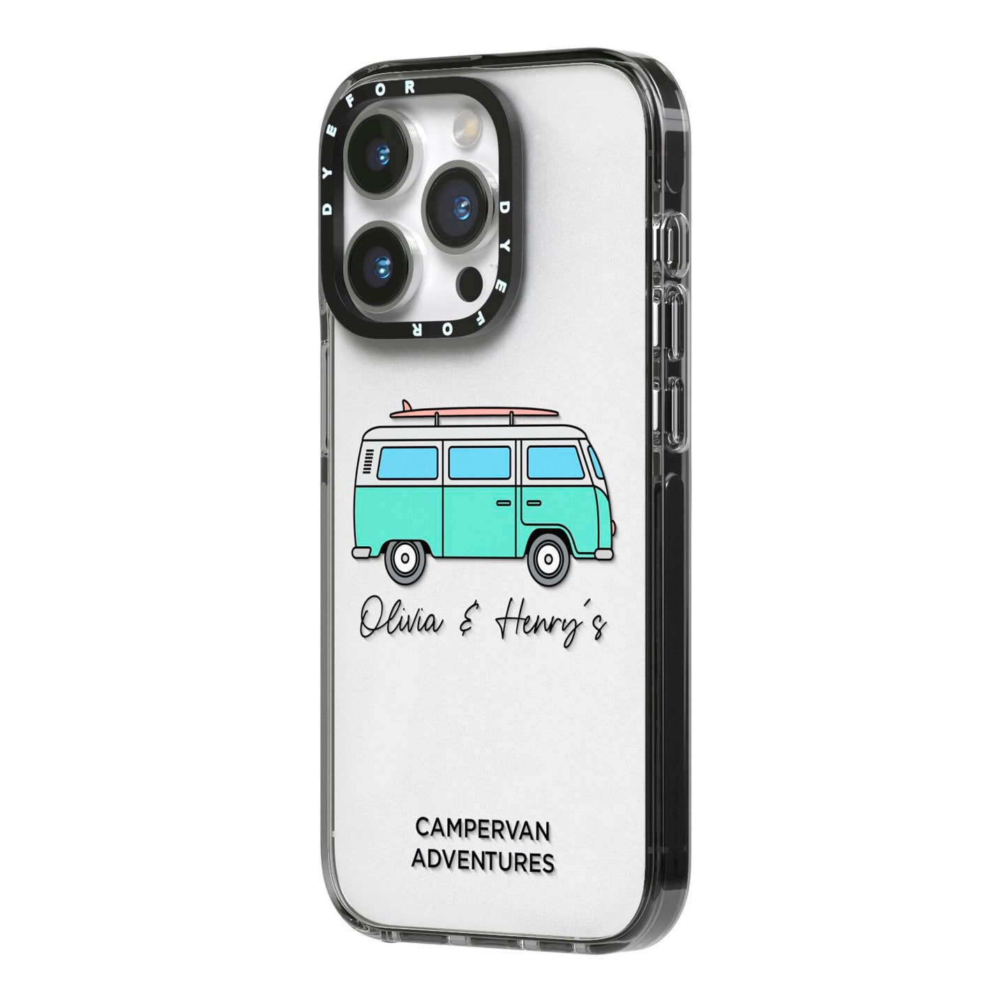 Blue Personalised Campervan Adventures iPhone 14 Pro Black Impact Case Side Angle on Silver phone