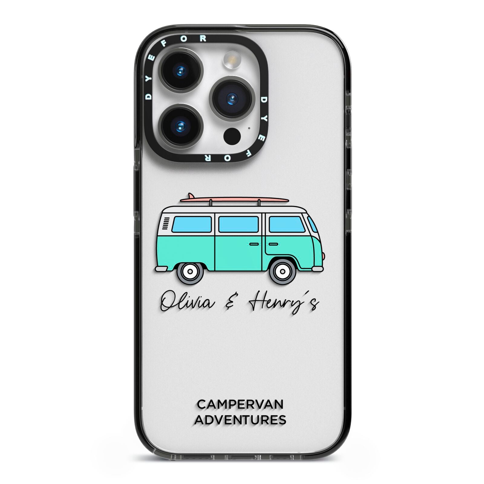 Blue Personalised Campervan Adventures iPhone 14 Pro Black Impact Case on Silver phone