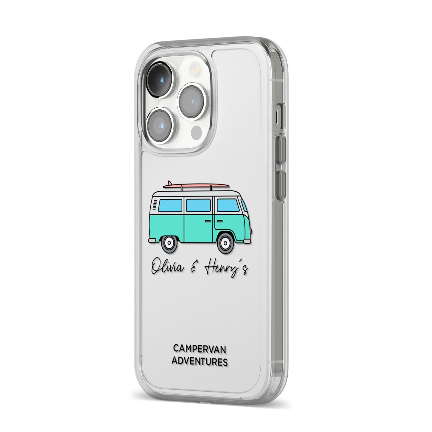 Blue Personalised Campervan Adventures iPhone 14 Pro Clear Tough Case Silver Angled Image