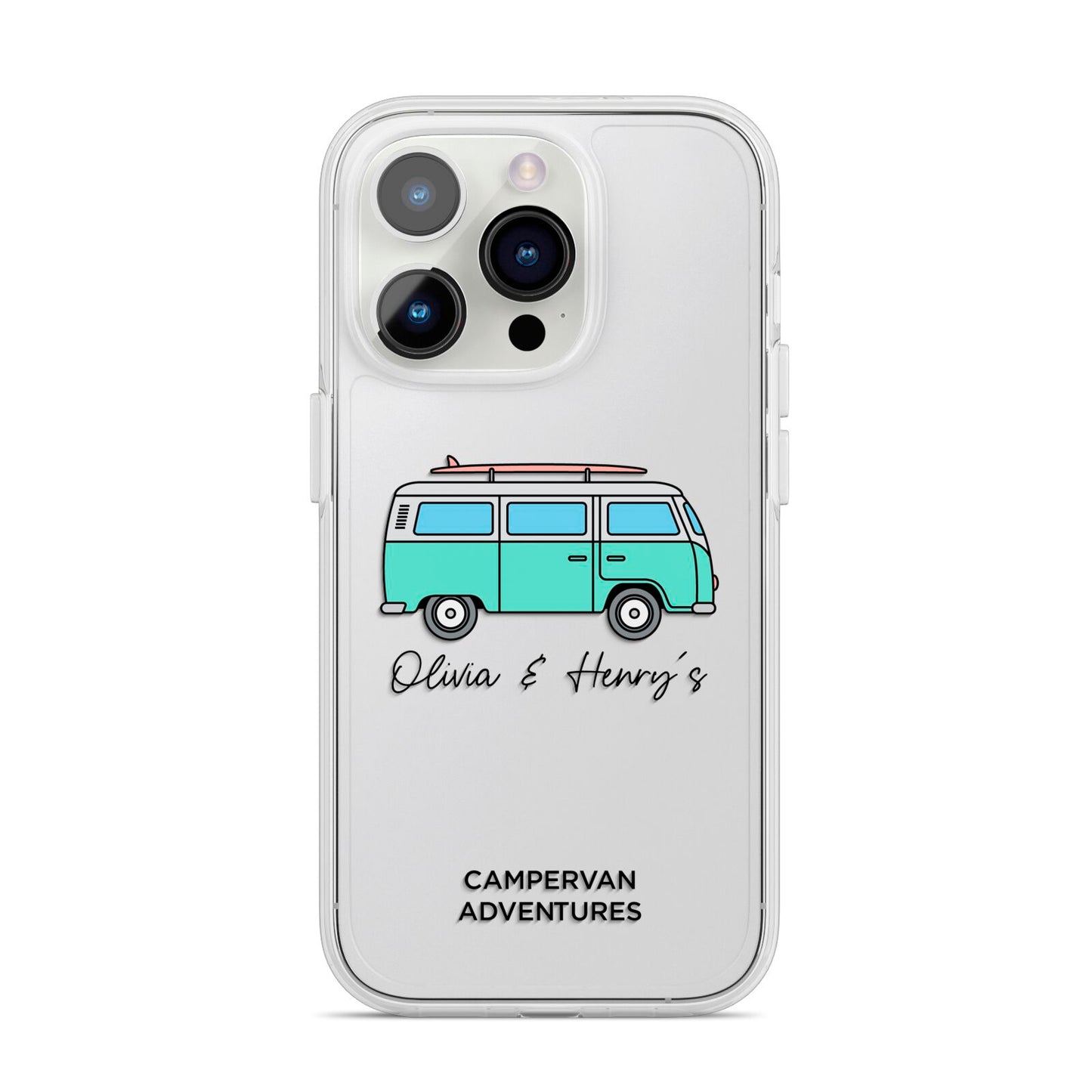 Blue Personalised Campervan Adventures iPhone 14 Pro Clear Tough Case Silver