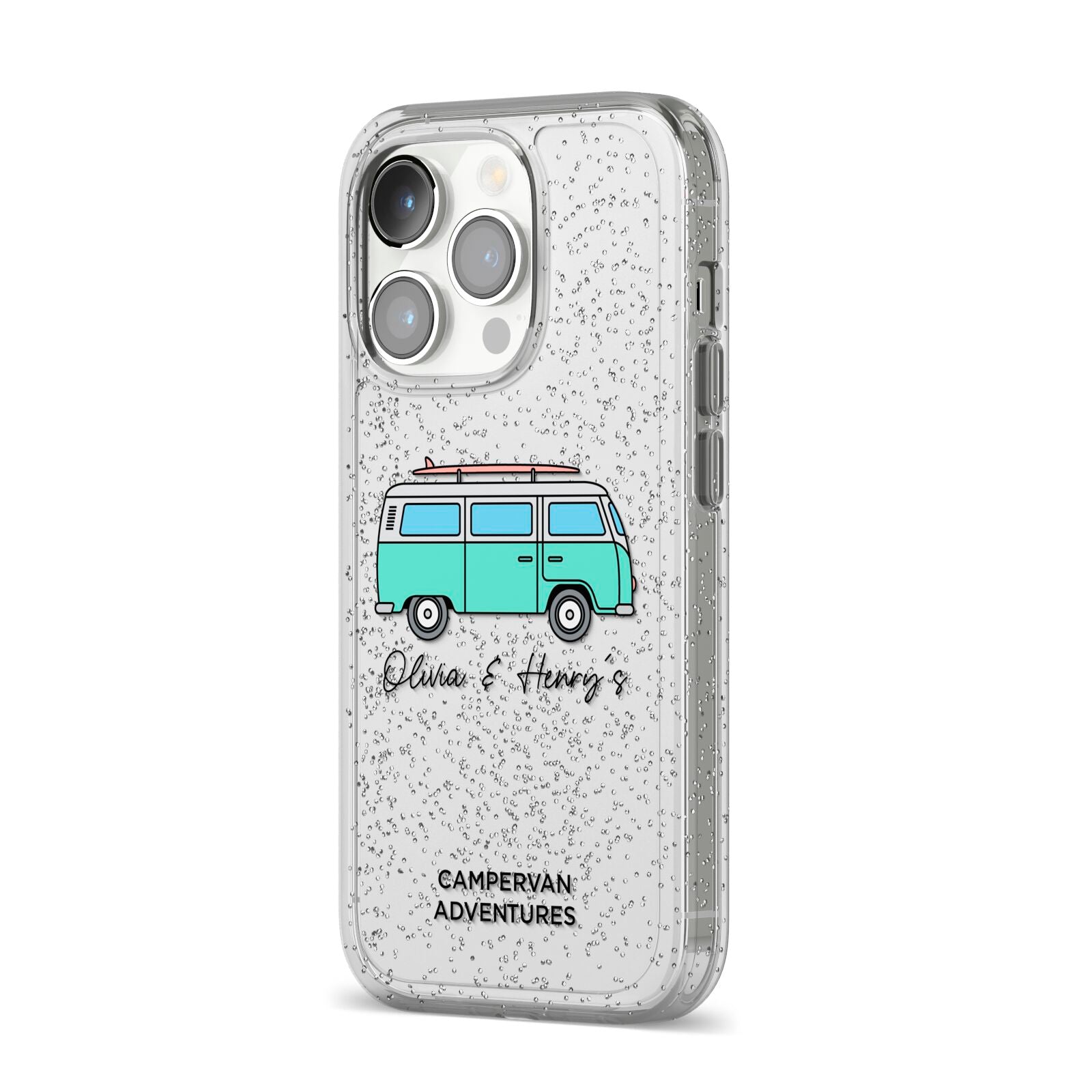 Blue Personalised Campervan Adventures iPhone 14 Pro Glitter Tough Case Silver Angled Image