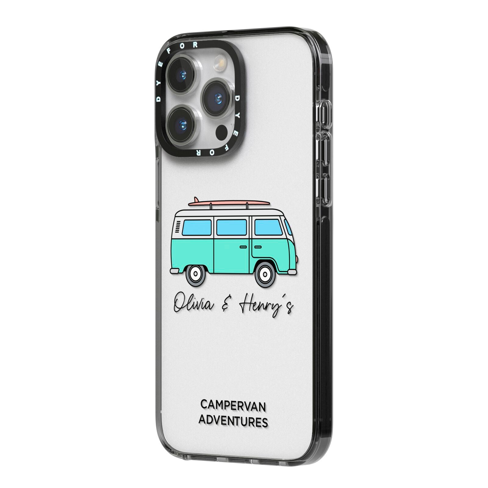 Blue Personalised Campervan Adventures iPhone 14 Pro Max Black Impact Case Side Angle on Silver phone