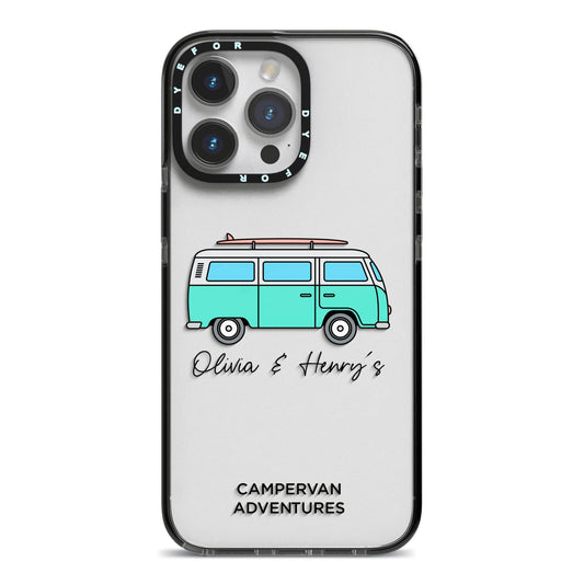 Blue Personalised Campervan Adventures iPhone 14 Pro Max Black Impact Case on Silver phone