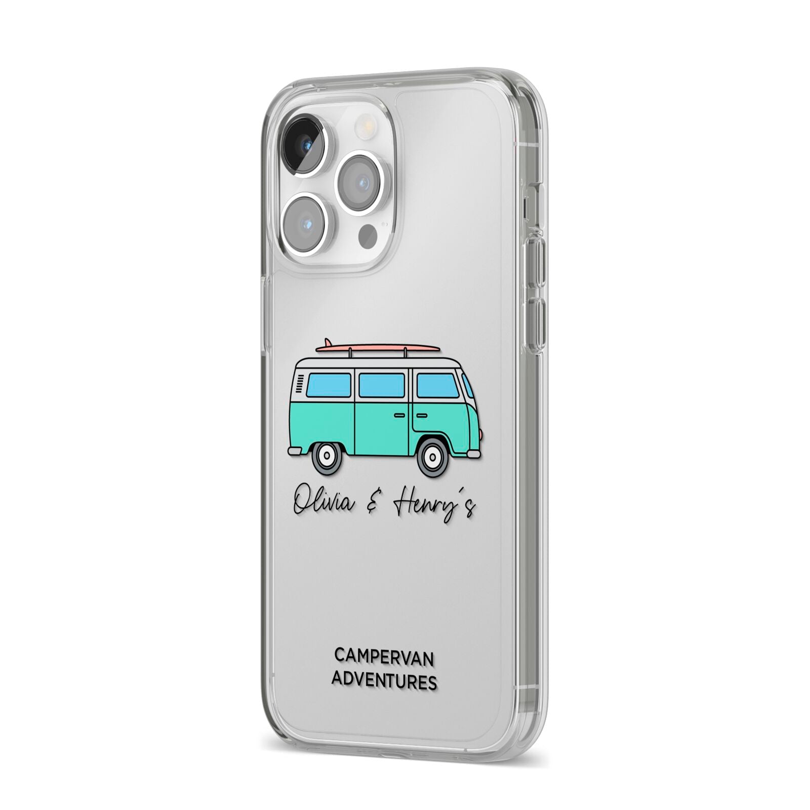 Blue Personalised Campervan Adventures iPhone 14 Pro Max Clear Tough Case Silver Angled Image