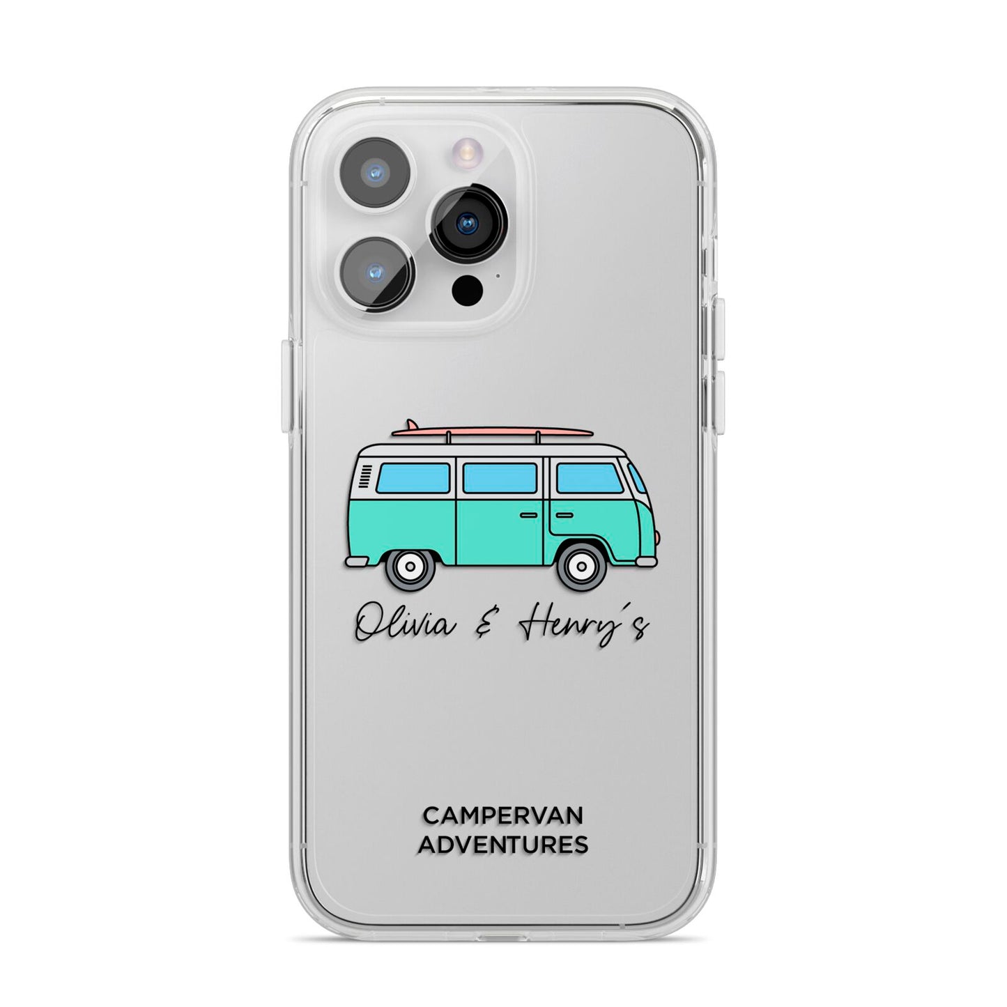 Blue Personalised Campervan Adventures iPhone 14 Pro Max Clear Tough Case Silver