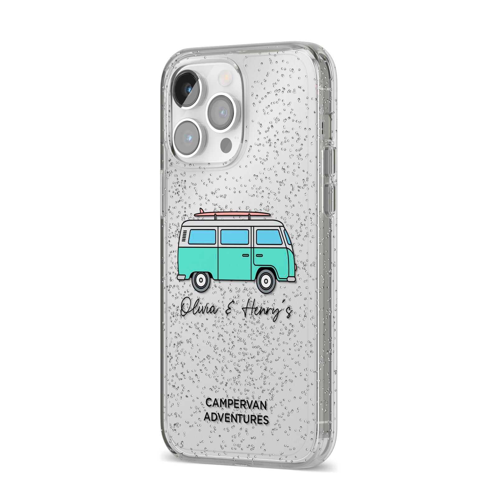 Blue Personalised Campervan Adventures iPhone 14 Pro Max Glitter Tough Case Silver Angled Image