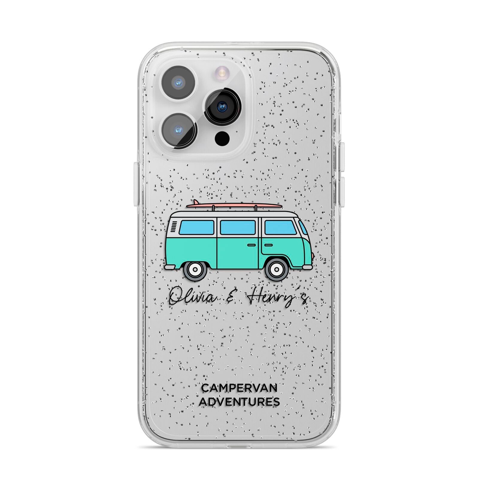 Blue Personalised Campervan Adventures iPhone 14 Pro Max Glitter Tough Case Silver