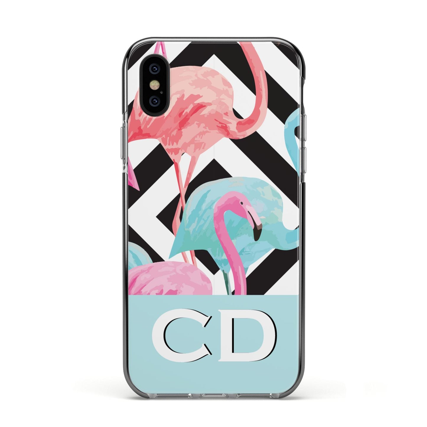 Blue Pink Flamingos Apple iPhone Xs Impact Case Black Edge on Black Phone