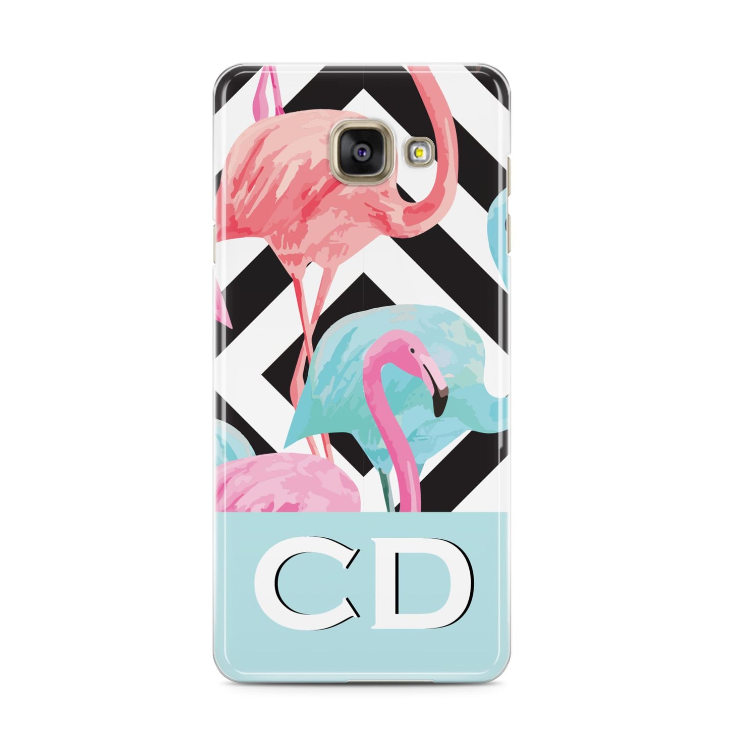 Blue Pink Flamingos Samsung Galaxy A3 2016 Case on gold phone